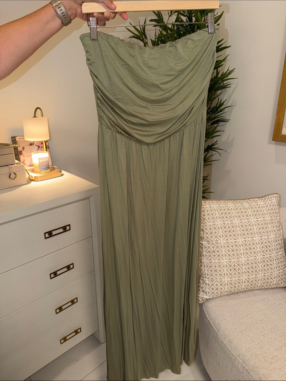 Draped Olive Green Maxi Dress with Cowl Neck